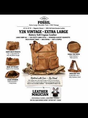 Fossil Vintage Y2K Cognac Leather XL Tote Shoulder Bag Cargo Pocket Boho